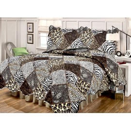 Martha's Mixed Bag Safari Brown Black Leopard Cheetah Zebra Animal Print Patchwork Quilt Set (2pc Twin Size), Brown and Black
