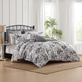 Laura Ashley - Comforter Set, Premium Cotton Bedding with Matching Shams & Bonus Decorative Pillow, Floral Home Decor, Oeko-Tex Certified (Toile Delight Charcoal, Twin)