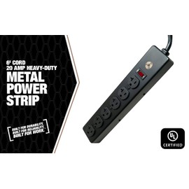 Southwire 5120 20 Amp Rated, 6 Outlet all Metal Power Strip with NEMA 5-20 P&R, 6 Foot 12/3 Cord