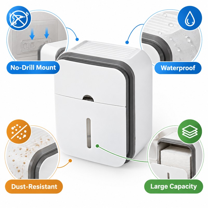 Gray Toilet Paper Holder for Bathroom Storage – No-Drill Wall-Mounted