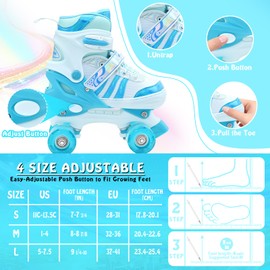 SMOOJOY Roller Skates for Girls Kids Boys,4 Size Adjustable Indoor Outdoor Blue Quad Rollerskates with Light up Wheels for Beginners Ages 5-8