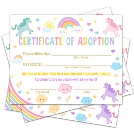 Unicorn Adoption Certificate - 8 x 10 Inches Unicorn Adoption Party Decorations, Adopt Cards, Certificates for Kids, Girls or Boys, Adopt A Pet Party Favors - A17