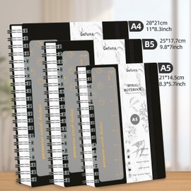 Qefuna Notebook A5 Dotted, Bullet Dot Journal, 300 Pages Spiral Notebook, 100 g/m² Ink-proof Paper, PVC Hardcover, with Ruler, Expandable Pockets, Elastic Band, 14.5 x 21 cm, Black