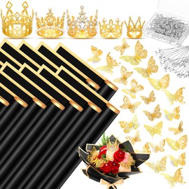 Qeeenar Flower Wrapping Paper Bouquet with 40 Sheets Flower Bouquet Wrapping Paper 5 Pcs Crowns for Flower Arrangements 48 Pcs Gold Butterflies and 100 Flower Pins for Florist Wrap (Black)