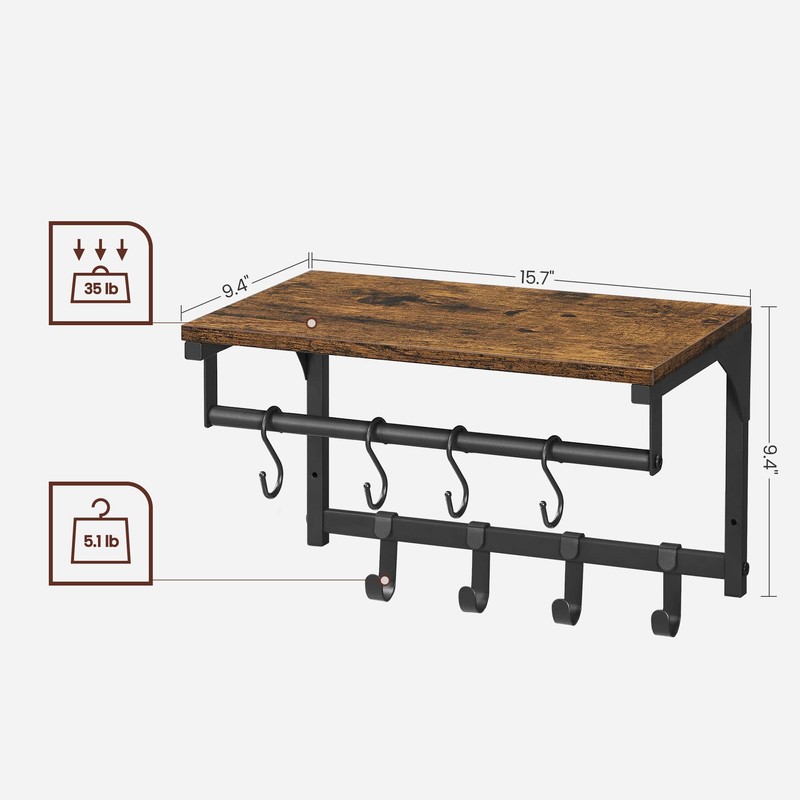 VASAGLE Laundry Room Shelf Wall Mounted, Coat Rack Shelf, with