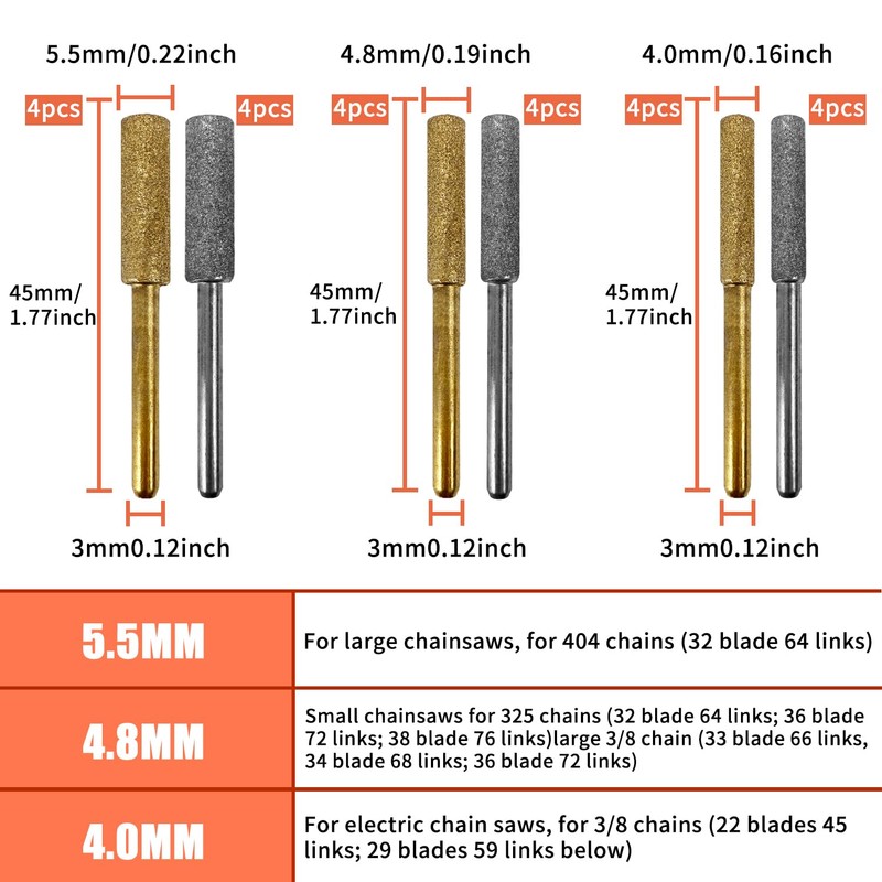 Pack of 24 Diamond Chainsaw Sharpeners, 3 Different Sizes 4/4.8/5.5