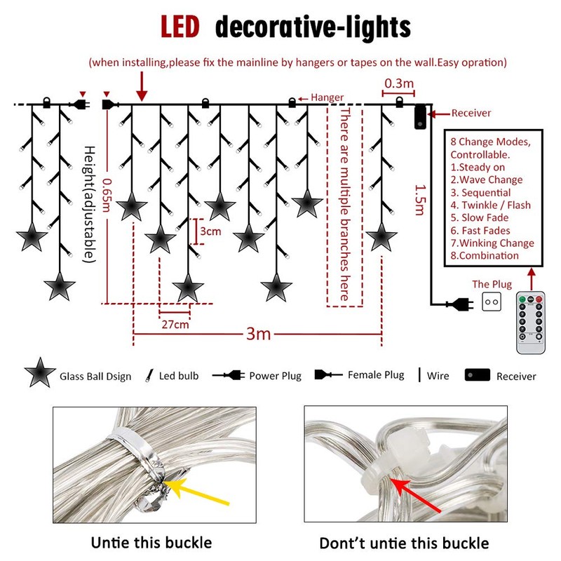 BLOOMWIN Light curtain star light chain curtain, USB 8 modes,