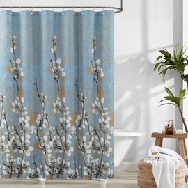 BESTRIPES Cortina de ducha de tela floral, cortinas de ducha de flores de color azul café para baño, cortinas decorativas impermeables de baño, 62 pulgadas de ancho x 72 pulgadas de alto