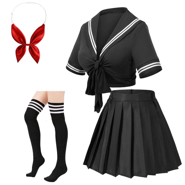 Japanese Anime Schoolgirl Classic Sailor JK Harajuku Crop Top Tie up Pleated Skirt Uniform Seifuku Socks Bow Set Black L