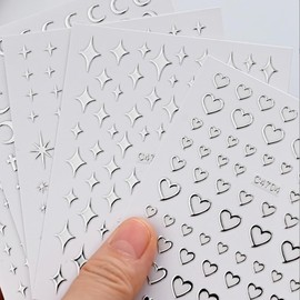 Nail Art Sticker Selbstklebend Nagelaufkleber Silber Kreuz Stern Herz Mond Nageldesign Nail Art Aufkleber für Nägel Zubehör,6 Blatt Nagelsticker mit Pinzette (6 Blatt nagelsticker silber)
