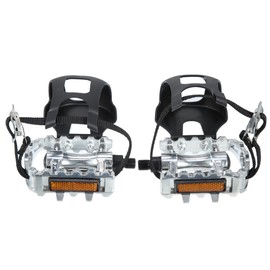 X AUTOHAUX 1 Pair Bicycle Pedals 1/2'' Spindle Platform with Toe Clips Fixed Foot Strap Cycling Parts Black Silver Tone