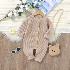 LAWKUL Baby Romper Long Sleeve Ultra-Soft Stretchy One-Piece with Button Closure Machine Washable Unisex Playsuit Khaki 3-6M