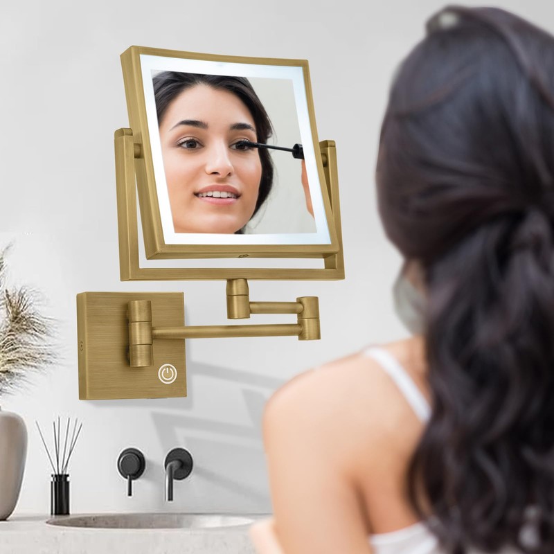 RECKODOR Square Wall Mounted Makeup Mirror with Lights and Magnification,