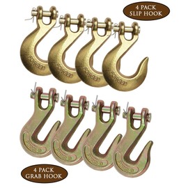 Mytee Products (8 Pack 4 Pc 3/8" Clevis Slip Hook - 4 Pc Grab Hook - 6,600 LBS WLL Heavy Duty Grade 70 Tow Chain Hook for Truck Trailer Tie Down