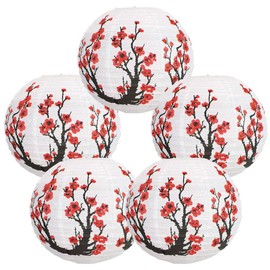 16-Inch Red Cherry Blossom Paper Lanterns, Japanese Paper Lanterns for Party, Wedding, Home Decor, Set of 5