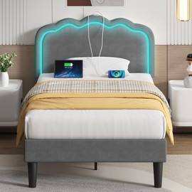 VECELO Upholstered Twin Size Bed Frame with Headboard Adjustable, LED Lights, USB-A & Type-C, Velvet Platform Bed Noise Free, Mattress Foundation with Wooden Slats, No Box Spring Needed, Grey
