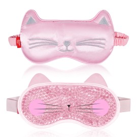 Cooling Eye Mask and Sleep Mask for Girl Woman 2 Pcs, Cute Animal Cat Cartoon Pink Sleeping Mask Soft Cold Warm Eye Compress Gifting for Dry Eyes Puff Eye Migraine Spa, Office, Morning Refreshment