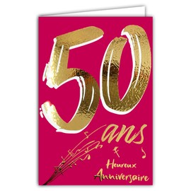 Afie 69-2650 50th Birthday Card in Shiny Gold Embossed Textured for Men and Women - Coloured Text Suitable for Age Inside - Envelope Included - Made in France - ColourAges