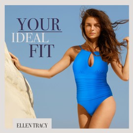 ELLEN TRACY One Piece Swimsuit, Bathing Suit for Women, High Neck Swimsuit with Keyhole Cutout and Pull On Closure, Over-The-Shoulder Straps, Slimming One Piece Blue Swimsuit for Women, Mykonos Blue