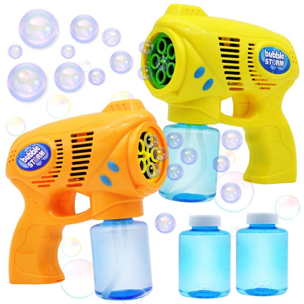 JOYIN 2 Bubble Guns with 2 Bubble Refill Solution (10 oz Total), Bubbles Maker, Blower, Machine Gun Blaster for Kids, Toddlers, Outdoors Activity, Birthday Gift, Easter Bubble Toys (Yellow+Orange)