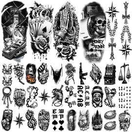 48 Sheets Mandala Flower Bohemia Full Arm Sleeve Temporary Tattoos for Women Girls, Skull Owl Black Fake Tattoos Neck Chest Arm Stickers Waterproof