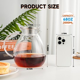 GURUDAR 68OZ/2000ML One Touch Glass Teapot with Stainless Steel Filter Lid, Stovetop & Microwave Safe Tea Maker Water Kettle, Strainer & Cover 2 in 1 Loose Leaf Tea Steeper Pot Coffee Carafe