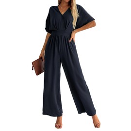 LOOKBOOK Womens Jumpsuit V Neck Batwing Sleeve Belted High Waist Wide Leg Romper with Pockets Casual One Piece Outfits Navy L