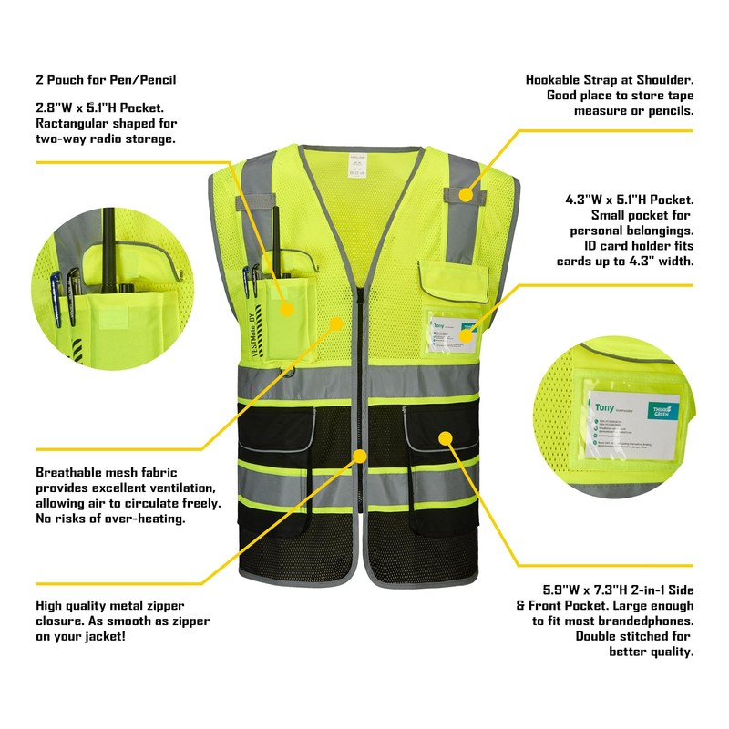 COOLJOB 9 Pockets Reflective Mesh Safety Vest for Men, Hi-vis