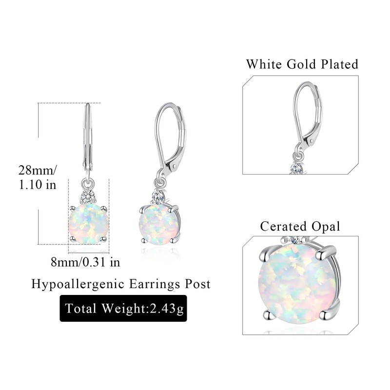 Datiny Round-Cut White Opal Dangle Earrings Trendy 14k White Gold