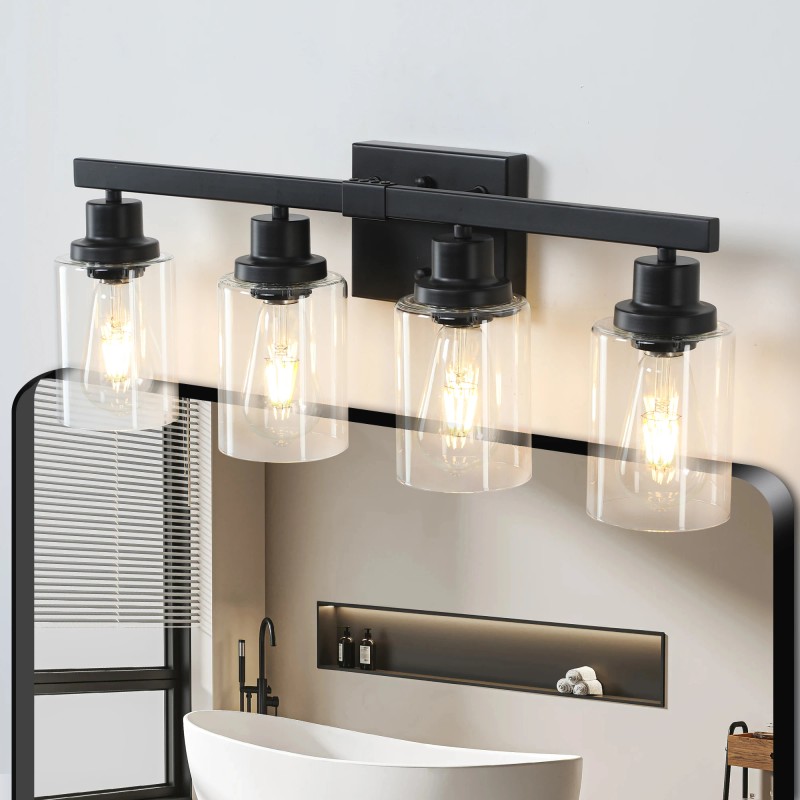 24" Modern Black 4-Light Bathroom Vanity Light Fixture, Industrial Wall