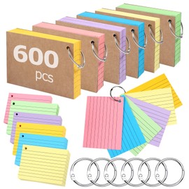 Siumir Pack of 600 Double-Sided Index Cards, A7 Flashcards, with Kraft Cover and Loose Leaf Ring, Six Colour Lined Index Cards, Suitable for Offices & Homes & Schools (10.4 x 7.6 cm)