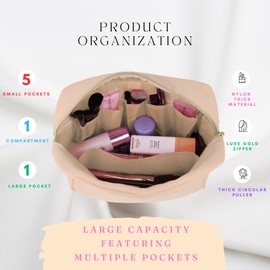 Makeup Bag With Compartments, Make Up Bag, Travel Makeup Bag, Cosmetic Bag, Makeup Case, Travel Cosmetic Bags for Women, Large Makeup Bag Organizer, Makeup Pouch, Makeup Travel Bag, Beige Makeup Bags