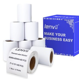 LENVII 50 mm x 80 mm White Direct Thermal Label Stickers, 2 x 3.15 Inch Thermal Labels, Waterproof/Oil Resistant/Friction Resistant for Portable and Desktop Label Printers (1 Roll of 80 Pieces / 8