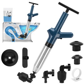 MEKOTRIN Toilet Plunger, High Pressure Drain Clog Remover, Sink Plunger Blaster Plumbing Tools with Real-Time Barometer for Bathroom Sink Floor Kitchen Clogged, Stainless Steel(Blue)