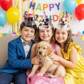 Dog Theme Birthday Hat Puppy Birthday Party Hats with Ropes Animal Party Hats Decoration Adjustable Paper Headbands Crowns Funny Birthday Party Hat Realistic Puppy Birthday Decor Supplies