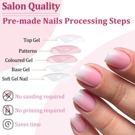 150PCS Short Square False Nails Kit - Ombre Press on Nails Set - Light Pink Stick on nails for Women - Strong Fake Nails with Glue - 15 Sizes Full Cover Square Nail Tips and Glue Long Lasting