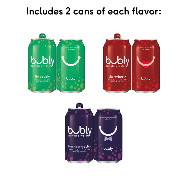 Bubly Sparkling Water, 15 Flavor Sampler, 12 fl oz Cans,
