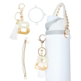 TOVICE Letter Accessories for Owala Water Bottle 24-40oz, 3PC Cute Initial Keychain & Water Bottle Handle Strap with a Thick Elastic Silicone Ring Holder (White, B)