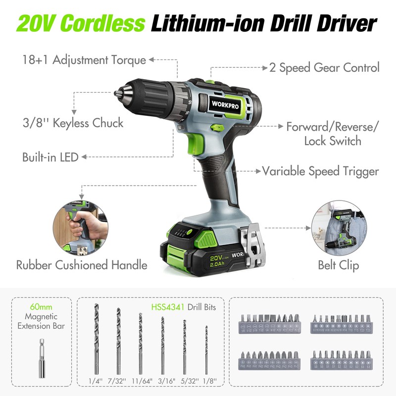 WORKPRO Home Tool Set with 20V Cordless Lithium-Ion Drill Driver,