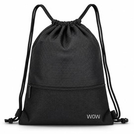 wowtravel Gym Bag Water Resistant Drawstring Backpack with Zipper Pocket, Lightweight Sports Sack for School, Swimming, Gym, Beach, Holiday Travel, Kids & Adults – Black