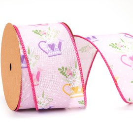 LaRibbons Spring Ribbon Wired 2.5 Inch x 12 Yards, Pink Floral Watering Can Printed Wired Edge Ribbon for Spring Summer Crafts Wrapping Wreath Bow