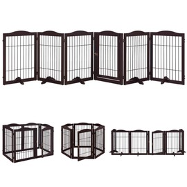 beeNbkks Pet Playpen with Wire, Extra Wide 6 Panels Freestanding Wooden Dog Gate with Walk Through Door and 5 Support Feet, Foldable Pet Exercise Pen