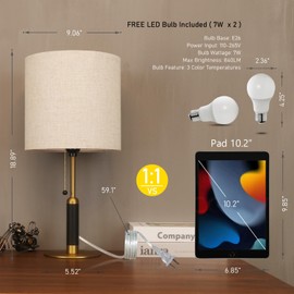 PSDSSHIIS 18.9" Set of 2 Small Vintage Table Lamp Bedside Lamps for Bedroom Nightstand Lamp for Living Room 3-Color Temperatures Pull Chain Wood Fabric for Home Office Dorm Decor (Light Brown+Brass)