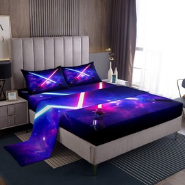 Manfei Lightsaber Sheet Set Twin Size Light Saber Sword Bedding Set for Kids Boys Teen Room Decor, Blue Purple Starry Sky Bed Sheet Set 3pcs with Deep Pocket Fitted Sheet + Flat Sheet + 1 Pillowcase