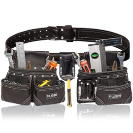 FUERI Leather Tool Belt with Dual Hammer Holster Tool Pouches Heavy Duty For Men Construction Carpenters Electricians Framers Ironworkers Garden Women