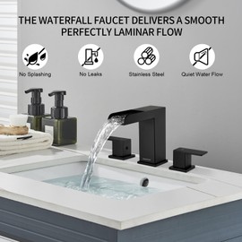OMEKNTOP Matte Black Bathroom Faucet, 8 Inch Black Bathroom Sink Faucet 3 Hole, Waterfall Bathroom Faucet with Pop-Up Drain & Hose, 2-Handle for Lavatory Vanity Farmhouse