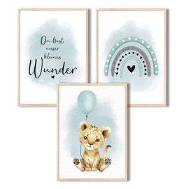 MeinBaby123®, Children's Room Pictures, Set of 3, DIN A4 Poster Set, Wall Pictures, Children's Room Poster, Decorative Pictures, Children's Room Girls and Boys, Premium Wall Poster (Lion & Mint