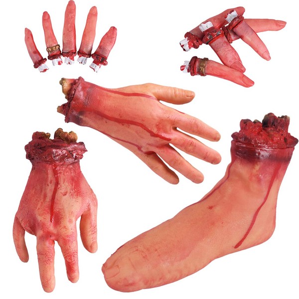 Halloween Blood Props Fake Scary Severed Hand Broken for Haunted House Halloween Vampire Zombie Party Decorations Supplies (Broken hands + feet + fingers)