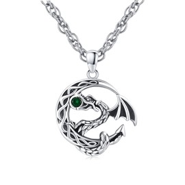 Dragon Necklace 925 Sterling Silver Winged Dragon Chain Celtic Knot Dragon Moon Dragon Gothic Double Dragon with Crystal Animal Chain Dragon Jewellery Gifts for Men and Women, Sterling Silver, Cubic