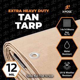 Heavy Duty Tan Poly Tarp 6' X 30' - Multipurpose Protective Cover - Durable, Waterproof, Weather Proof, Rip and Tear Resistant - Extra Thick 12 Mil Polyethylene - by Xpose Safety